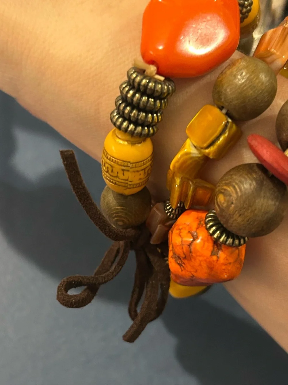 Boho Earth Tone Eclectic Mixed Bead 3-Piece Bracelet Set Orange Brown Yellow